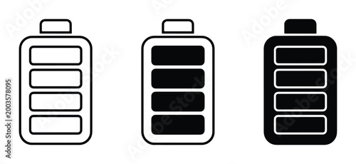 Minimalist battery charge level icons, black and white power status indicators, set of 3 vector battery symbols for mobile interface design