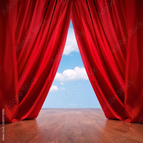 Red Curtains Open to a Clear Blue Sky and Wooden Floor in a Performance Space