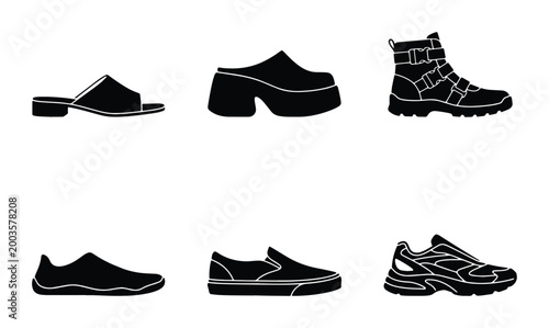 Minimalist footwear icons set, black silhouette shoes collection of 6 vector elements, modern sneakers and boots fashion graphics for retail apps