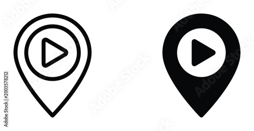 Minimalist map pin icons with play button, location pointer vector set, black and white multimedia navigation symbols for digital apps