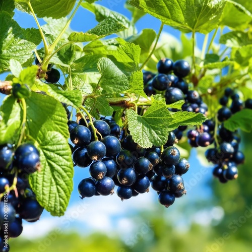 Black Currants Grow on a Sunny Day in a Garden With Green Leaves Around Them