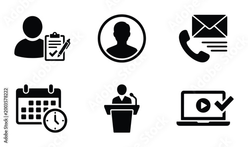 Business communication icons set, professional office management vector symbols, contact and scheduling graphics for corporate presentation