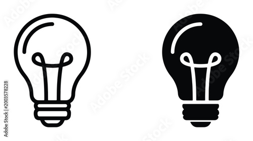 Minimalist light bulb icon set, black outline and solid silhouette lightbulb vectors, creative idea and innovation symbols for business branding