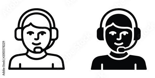 Customer support agent icons, call center operator avatar set, male telemarketer with headset vector, technical help desk assistant symbols