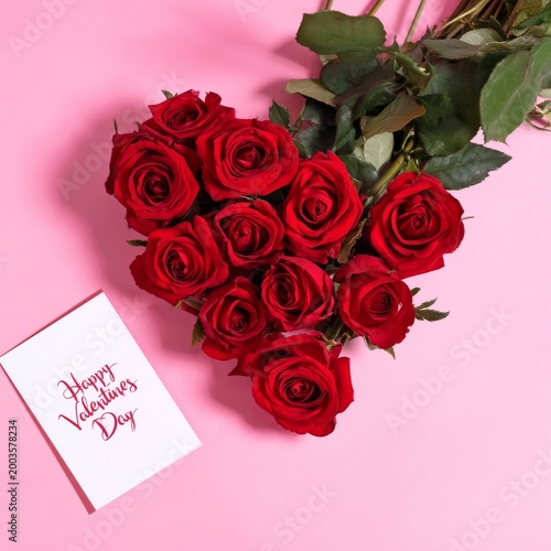 Roses Arranged in a Heart Shape With a Card on a Pink Background for Valentin...
