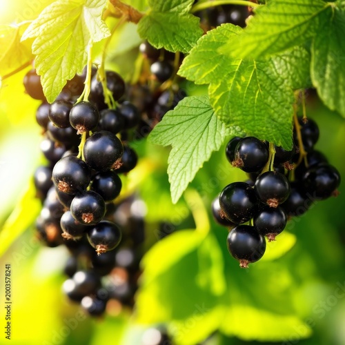 Blackcurrant Berries Grow in the Garden During Summer With Green Leaves and B...