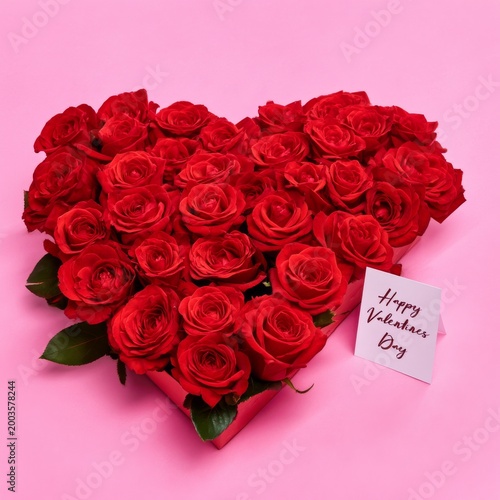 Roses Arranged in a Heart Shape With a Card on a Pink Background for Valentin...