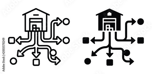 Warehouse distribution center icon set, logistics supply chain management symbols, industrial storage and shipping network vector illustrations