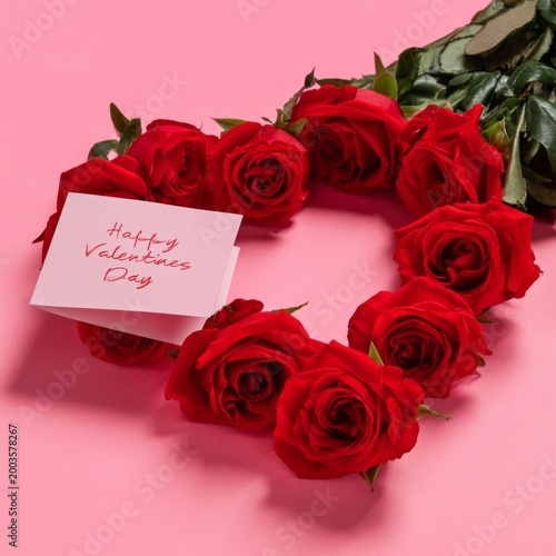 Roses Arranged in a Heart Shape With a Card on a Pink Background for Valentin...