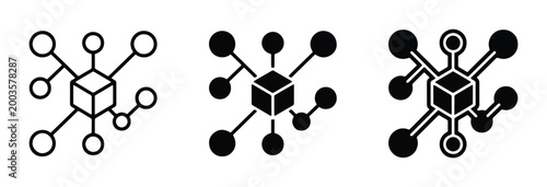 Blockchain technology icon set, decentralized network distribution symbols, digital data cube connection vector, cryptocurrency infrastructure graphics