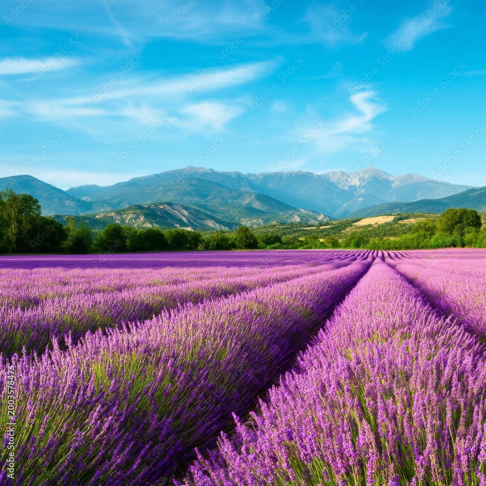 Fototapeta premium Lavender Field Under Blue Sky With Mountains in the Background During Day