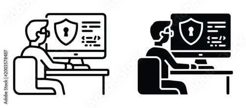 Cybersecurity programmer icon set, software developer working on computer with shield security, network protection and coding vector illustrations