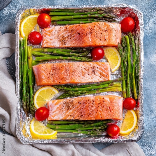 Fresh Salmon and Vegetables Arranged on a Baking Sheet Ready for Cooking in t...