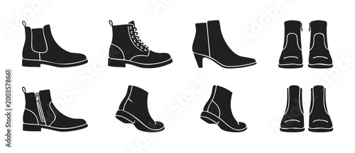 Boots icon set collection, black silhouette footwear designs for fashion apparel, elegant leather boots with laces, zippers and heels for casual and formal seasonal winter or autumn outfit style vecto