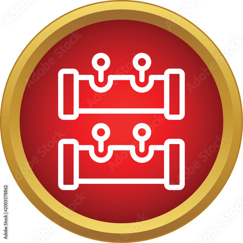 Wooden stocks icon displayed within a red circle, symbolizing legal punishment and historical confinement