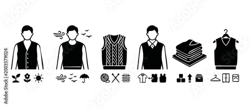 Vest Men Clothing Icon Set, Sleeveless Jacket Symbols, Sweater Vest Fashion Graphic, Formal and Casual Style Icons for Apparel, Layering Outfits, Wardrobe Management, Textile Industry and Tailoring Ve