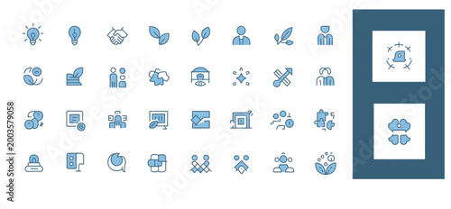 Collection of various business and communication icons in blue color scheme on white background