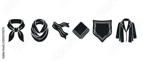Scarf and Clothing Icons Set, Minimalist Black Silhouette Vector Collection for Fashion Design, Neckwear Accessories, Apparel Elements, Seasonal Outerwear, Simple Graphic Symbols for UI UX Web Project