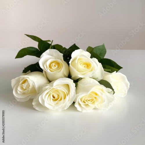 White Roses With Green Leaves Placed on a Simple Background Near a Surface