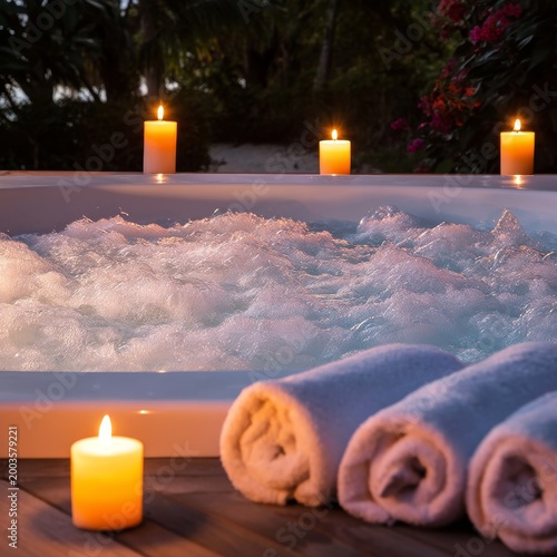 Relaxation in a Hot Tub With Candles and Towels Near the Wall in a Dimly Lit ...