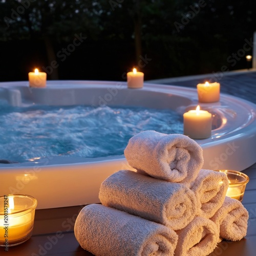 Relaxation Time With Towels and Candles Near a Hot Tub at Night