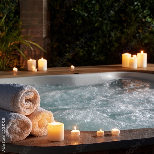 Relaxation Time With Towels and Candles Near a Hot Tub at Night