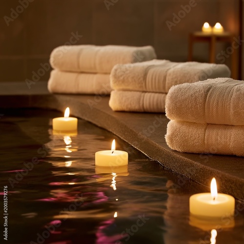Relaxation Space With Towels and Candles Near Water at a Wellness Center