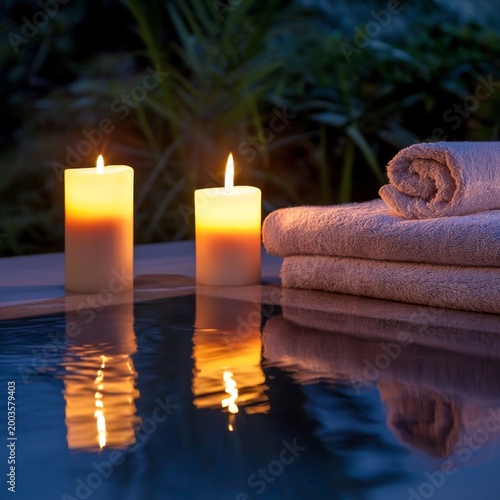 Soft Towels Placed on Water Surface Next to Glowing Candles During Evening Hours
