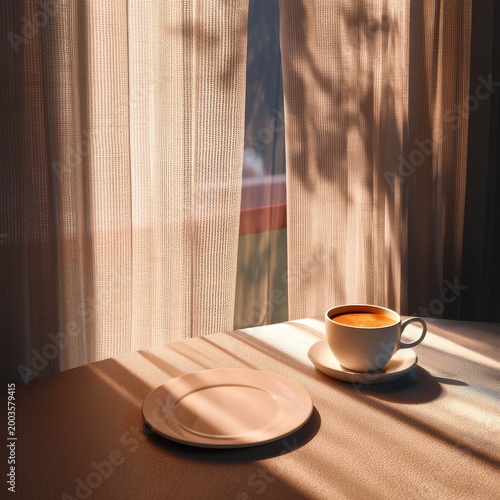 Warm Light Shines on Cup of Coffee and Plate by Window in Kitchen in Morning