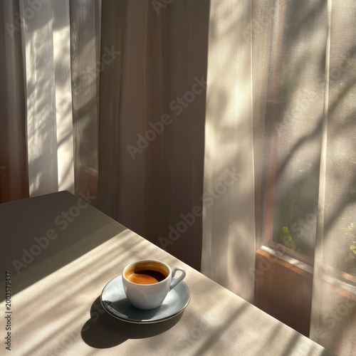 Sunlight Falls on a Coffee Cup on a Table Beside White Curtains in a Bright Room