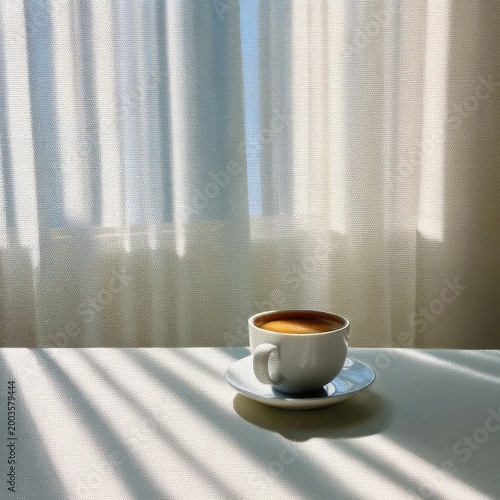 Sunlight Falls on a Coffee Cup on a Table Beside White Curtains in a Bright Room