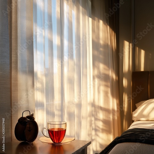 Light and Shadows Play in a Bedroom With a Cup of Tea and a Clock on a Side T...