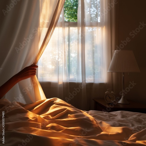 Warm Cup of Tea on a Bedside Table With Morning Light Streaming in Through Cu...