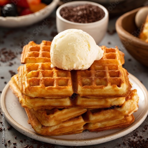 Delicious Waffles With Ice Cream Served on a Plate With Chocolate Sprinkles i...