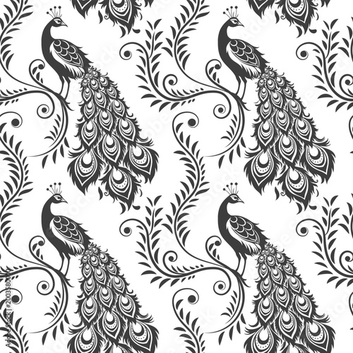 Seamless vector pattern with peacock feather Background with feathers