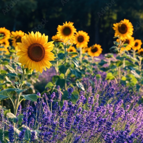 Sunflowers Grow Alongside Lavender in a Colorful Field at Sunset Near a Farm