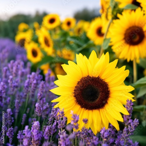 Sunflowers Grow Alongside Lavender in a Colorful Field at Sunset Near a Farm
