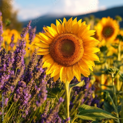 Sunflowers and Lavender Grow in a Field During Sunset in the Countryside