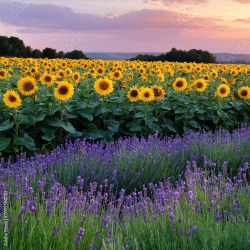 Sunflowers and Lavender Grow in a Field During Sunset in the Countryside