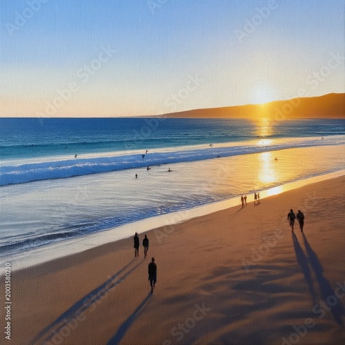 Sunset at the Beach With People Walking and Surfers Enjoying the Water in Cal...