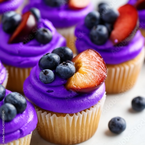 Bright Cupcakes With Purple Frosting and Fresh Fruit on Display at a Dessert ...