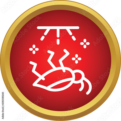 Pest control spraying insecticide on a dead cockroach in a round red badge