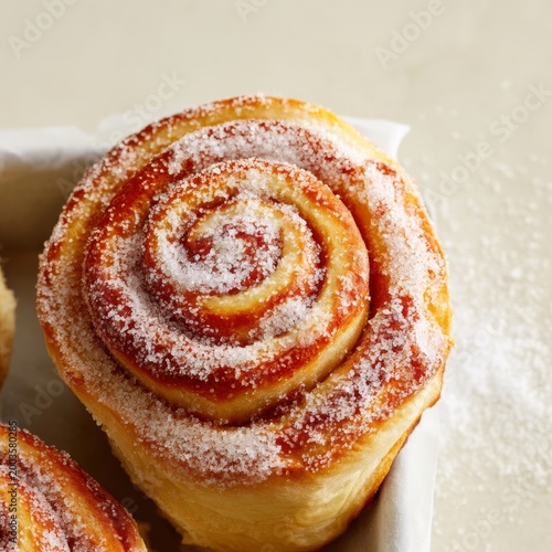 Freshly Baked Cinnamon Rolls Cooling on a Baking Tray With Sugar Sprinkled on...