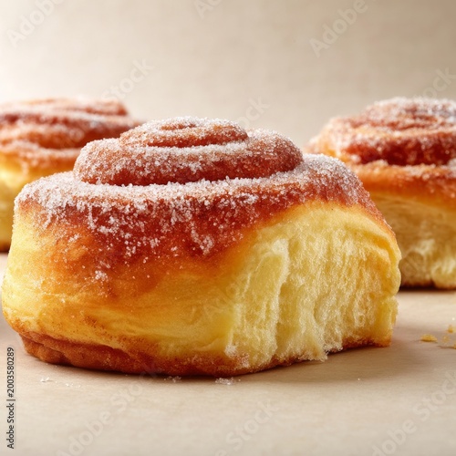 Freshly Baked Cinnamon Rolls Cooling on a Baking Tray With Sugar Sprinkled on...