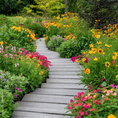 Colorful Flowers Line a Winding Path Through a Lush Garden in Bright Daylight...