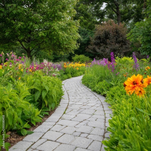 Colorful Flowers Line a Winding Path in a Garden During the Day in Summer