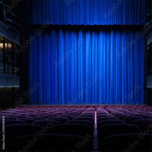 Bright Blue Curtain Covers Stage in Theater Before Performance on a Weekend N...