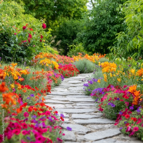 Colorful Flowers Line a Winding Path in a Garden During the Day in Summer