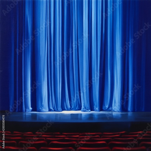 Bright Blue Curtain Covers Stage in Theater Before Performance on a Weekend N...