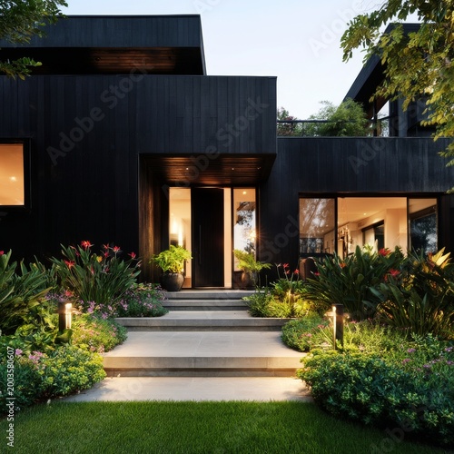 Modern House With Dark Exterior and Garden During Evening Light on the Pathway